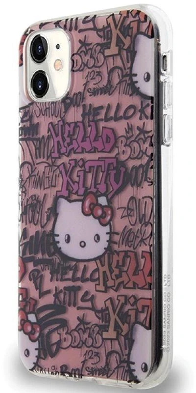 Hello Kitty HKHCN61HDGPTP Apple iPhone 11 / Xr 6.1″rožinės spalvos kietas dėklas IML Tags Graffiti