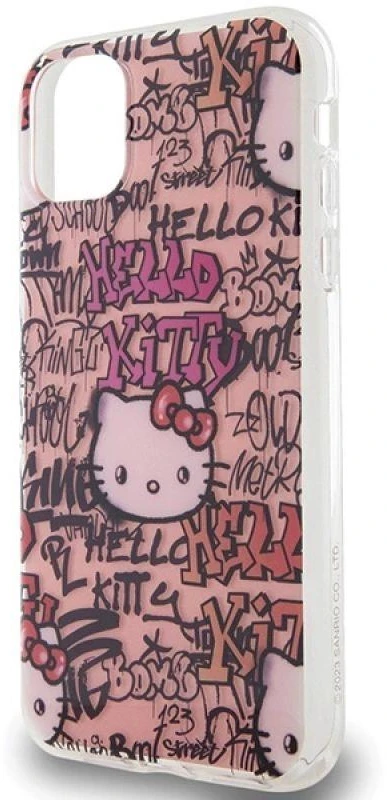 Hello Kitty HKHCN61HDGPTP Apple iPhone 11 / Xr 6.1″rožinės spalvos kietas dėklas IML Tags Graffiti