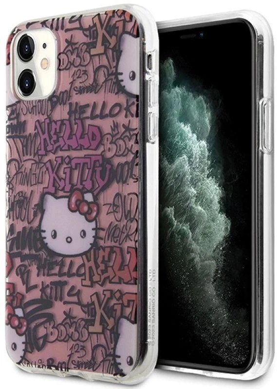 Hello Kitty HKHCN61HDGPTP Apple iPhone 11 / Xr 6.1″rožinės spalvos kietas dėklas IML Tags Graffiti