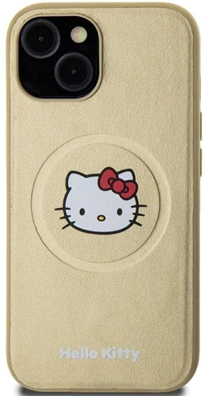 Hello Kitty HKHMP15SPGHCKD Apple iPhone 15 /14 / 13 6.1″ auksinis kietas dėklas Leather Kitty Head MagSafe