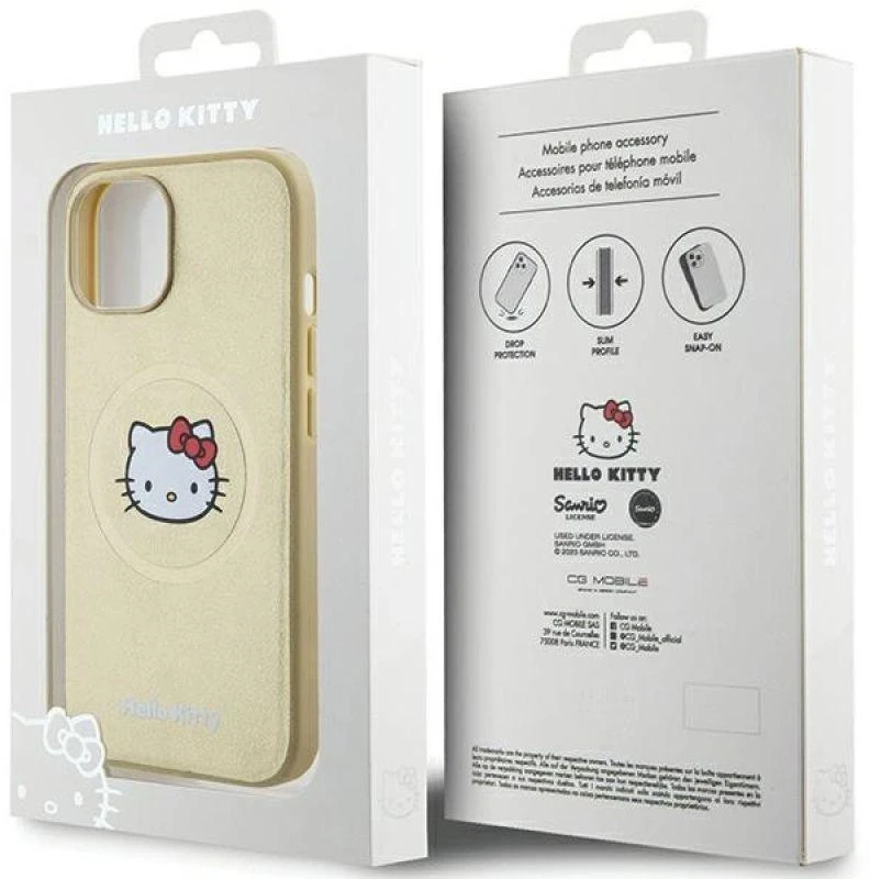 Hello Kitty HKHMP15SPGHCKD Apple iPhone 15 /14 / 13 6.1″ auksinis kietas dėklas Leather Kitty Head MagSafe