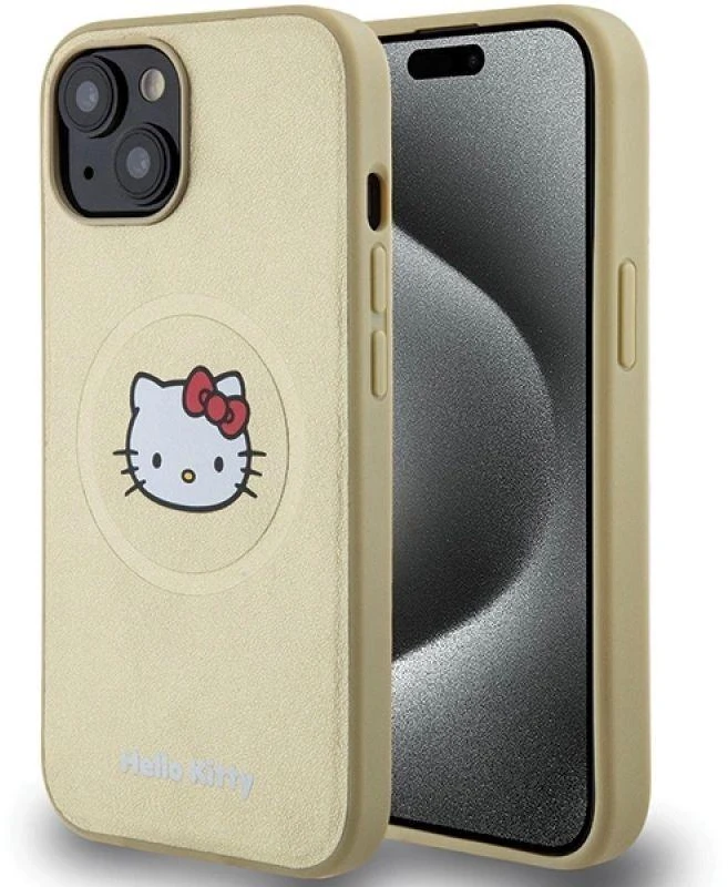 Hello Kitty HKHMP15SPGHCKD Apple iPhone 15 /14 / 13 6.1″ auksinis kietas dėklas Leather Kitty Head MagSafe