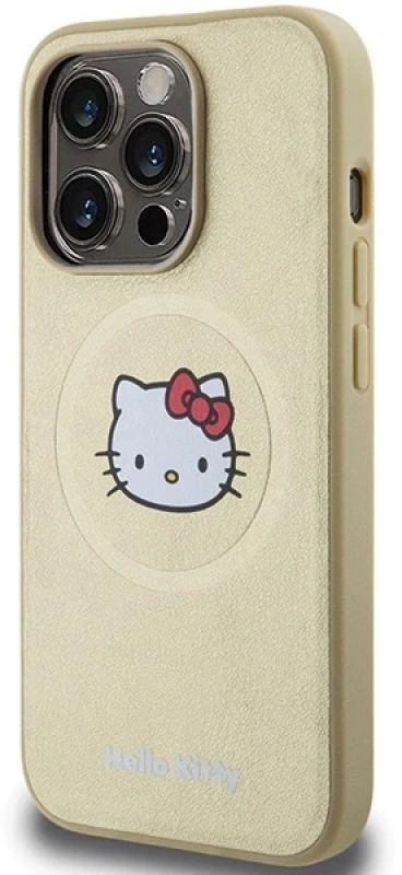 Hello Kitty HKHMP15XPGHCKD Apple iPhone 15 Pro Max 6.7" auksinis kietas dėklas odinis Kitty Head MagSafe