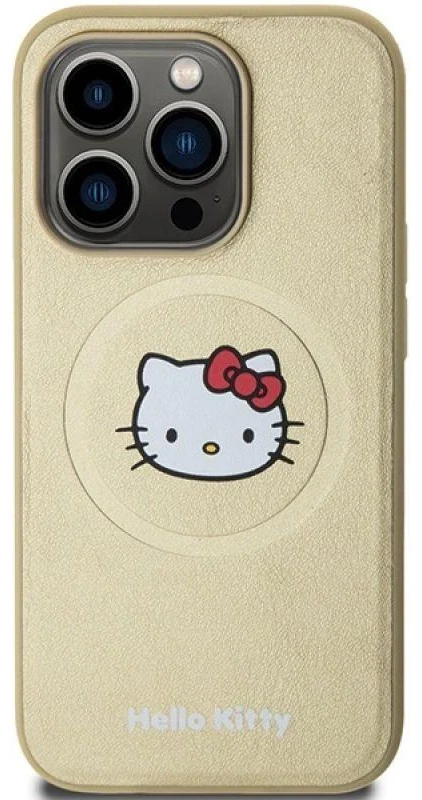 Hello Kitty HKHMP15XPGHCKD Apple iPhone 15 Pro Max 6.7" auksinis kietas dėklas odinis Kitty Head MagSafe