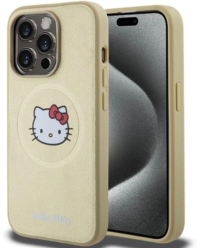 Hello Kitty HKHMP15XPGHCKD Apple iPhone 15 Pro Max 6.7" auksinis kietas dėklas odinis Kitty Head MagSafe