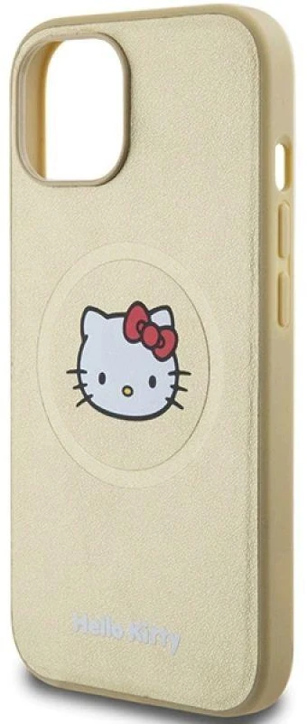 Hello Kitty HKHMP14SPGHCKD Apple iPhone 14 /15 / 13 6.1″ auksinis kietas dėklas Leather Kitty Head MagSafe