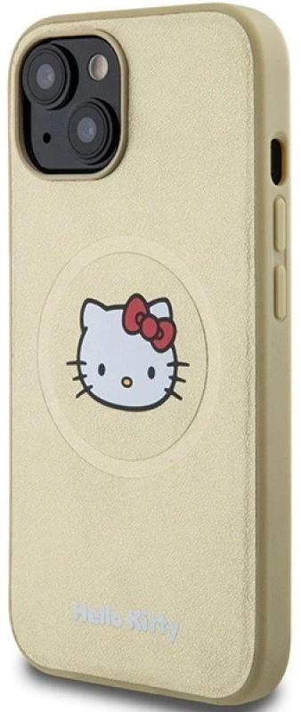 Hello Kitty HKHMP14SPGHCKD Apple iPhone 14 /15 / 13 6.1″ auksinis kietas dėklas Leather Kitty Head MagSafe