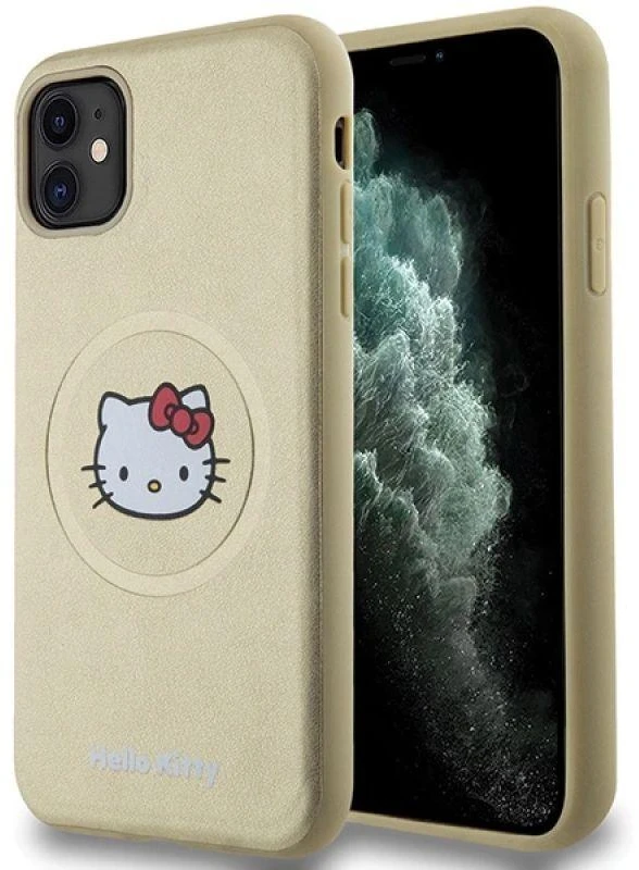 Hello Kitty HKHMN61PGHCKD Apple iPhone 11 / Xr 6.1″ Gold kietas dėklas Leather Kitty Head MagSafe