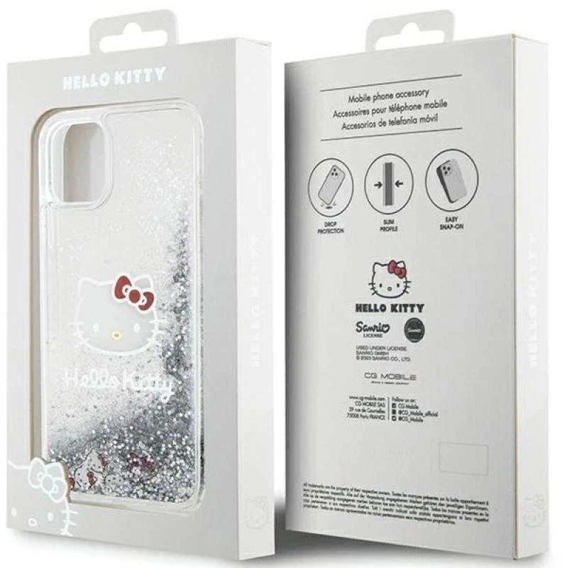 Hello Kitty HKHCN61LIKHET Apple iPhone 11 / Xr 6.1″ sidabrinis kietas dėklas Liquid Glitter Charms Kitty Hea