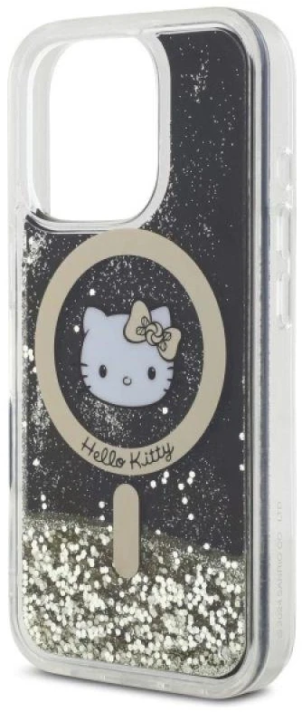Hello Kitty HKHMP16LLGDIK Apple iPhone 16 Pro 6.3″ juodos spalvos auksinis kietas dėklas Liquid Glitter Fever