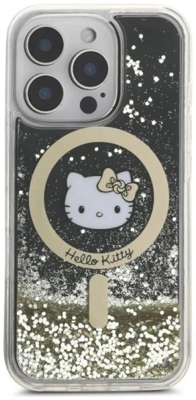 Hello Kitty HKHMP16LLGDIK Apple iPhone 16 Pro 6.3″ juodos spalvos auksinis kietas dėklas Liquid Glitter Fever