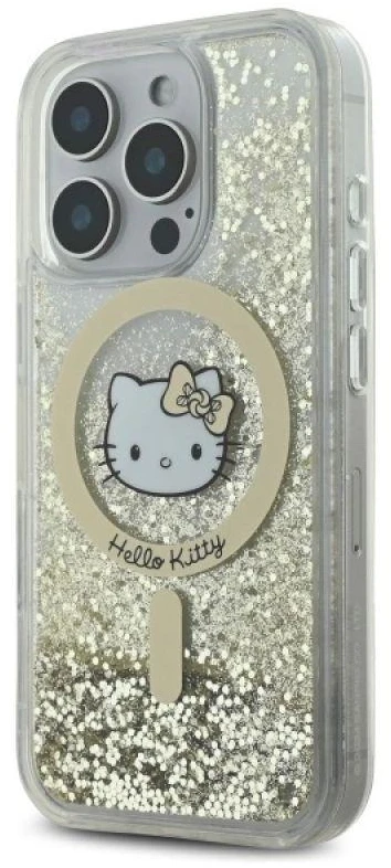 Hello Kitty HKHMP16LLGDIH Apple iPhone 16 Pro 6.3″ baltos spalvos auksinis kietas dėklas Liquid Glitter Fever M