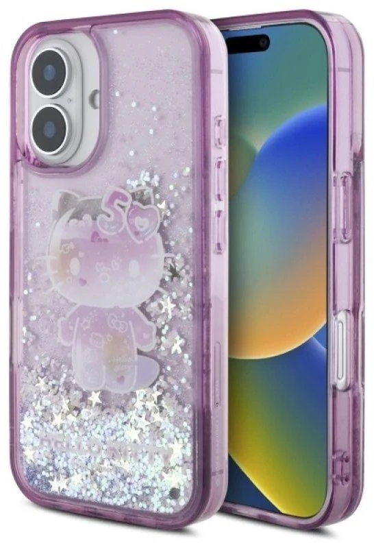 Hello Kitty HKHCP16SL50PPU Apple iPhone 16 6.1″ violetinės spalvos kietas dėklas Liquid Glitter 50TH Annivers