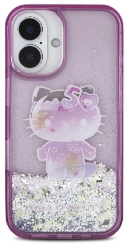 Hello Kitty HKHCP16SL50PPU Apple iPhone 16 6.1″ violetinės spalvos kietas dėklas Liquid Glitter 50TH Annivers
