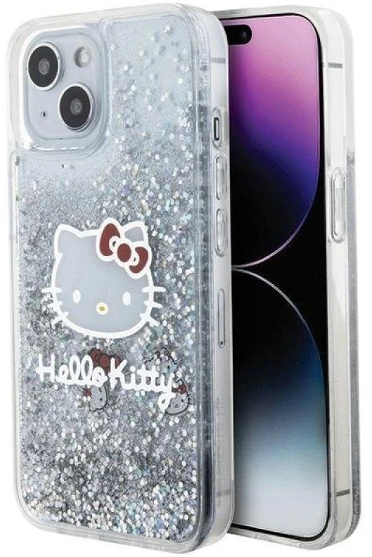 Hello Kitty HKHCP14SLIKHET Apple iPhone 14 /15 / 13 6.1″ sidabrinis kietas dėklas Liquid Glitter Charms Kit