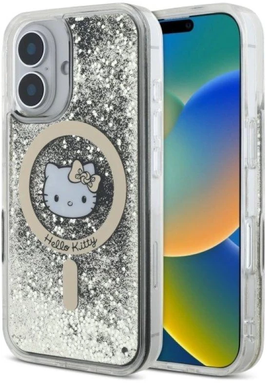 Hello Kitty HKHMP16SLGDIK Apple iPhone 16 6.1″ juodos spalvos auksinis kietas dėklas Liquid Glitter Fever MagSa