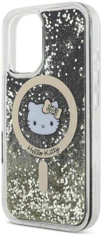 Hello Kitty HKHMP16SLGDIK Apple iPhone 16 6.1″ juodos spalvos auksinis kietas dėklas Liquid Glitter Fever MagSa