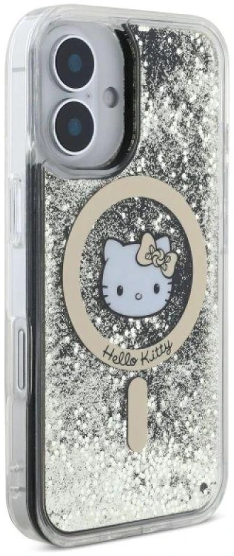 Hello Kitty HKHMP16SLGDIK Apple iPhone 16 6.1″ juodos spalvos auksinis kietas dėklas Liquid Glitter Fever MagSa