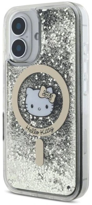 Hello Kitty HKHMP16SLGDIK Apple iPhone 16 6.1″ juodos spalvos auksinis kietas dėklas Liquid Glitter Fever MagSa