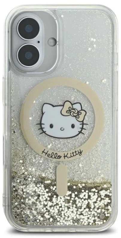 Hello Kitty HKHMP16SLGDIH Apple iPhone 16 6.1″ baltos spalvos auksinis kietas dėklas Liquid Glitter Fever MagSaf