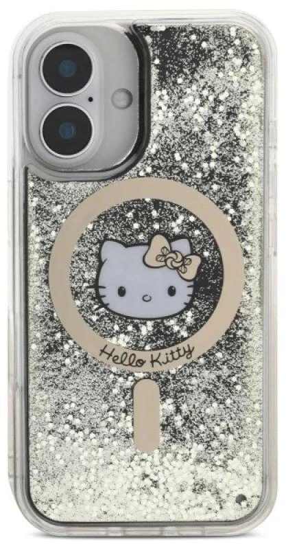 Hello Kitty HKHMP16SLGDIK Apple iPhone 16 6.1″ juodos spalvos auksinis kietas dėklas Liquid Glitter Fever MagSa