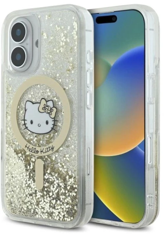 Hello Kitty HKHMP16SLGDIH Apple iPhone 16 6.1″ baltos spalvos auksinis kietas dėklas Liquid Glitter Fever MagSaf