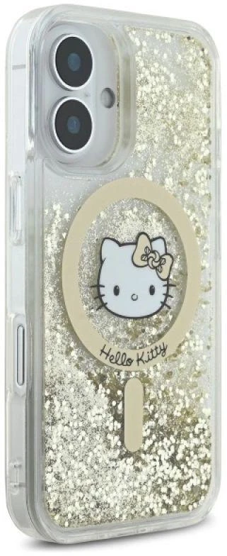 Hello Kitty HKHMP16SLGDIH Apple iPhone 16 6.1″ baltos spalvos auksinis kietas dėklas Liquid Glitter Fever MagSaf