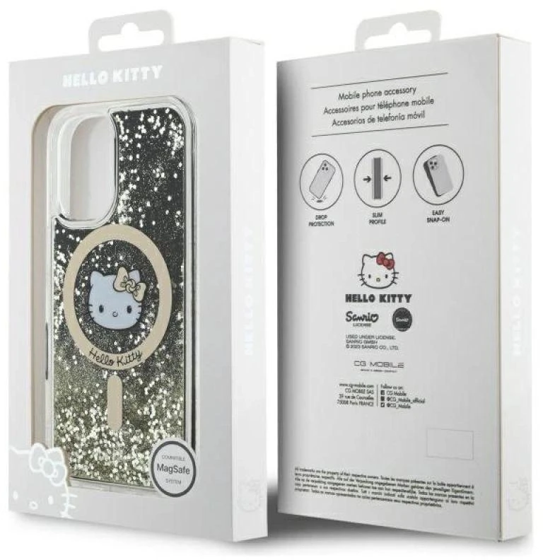 Hello Kitty HKHMP16SLGDIK Apple iPhone 16 6.1″ juodos spalvos auksinis kietas dėklas Liquid Glitter Fever MagSa