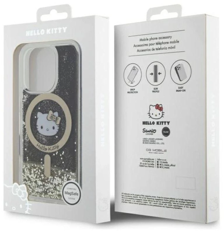 Hello Kitty HKHMP16XLGDIK Apple iPhone 16 Pro Max 6.9″ juodos spalvos auksinis kietas dėklas Liquid Glitter Fe
