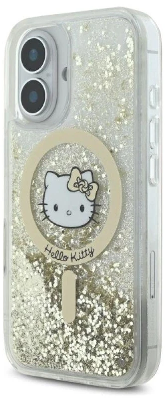 Hello Kitty HKHMP16SLGDIH Apple iPhone 16 6.1″ baltos spalvos auksinis kietas dėklas Liquid Glitter Fever MagSaf