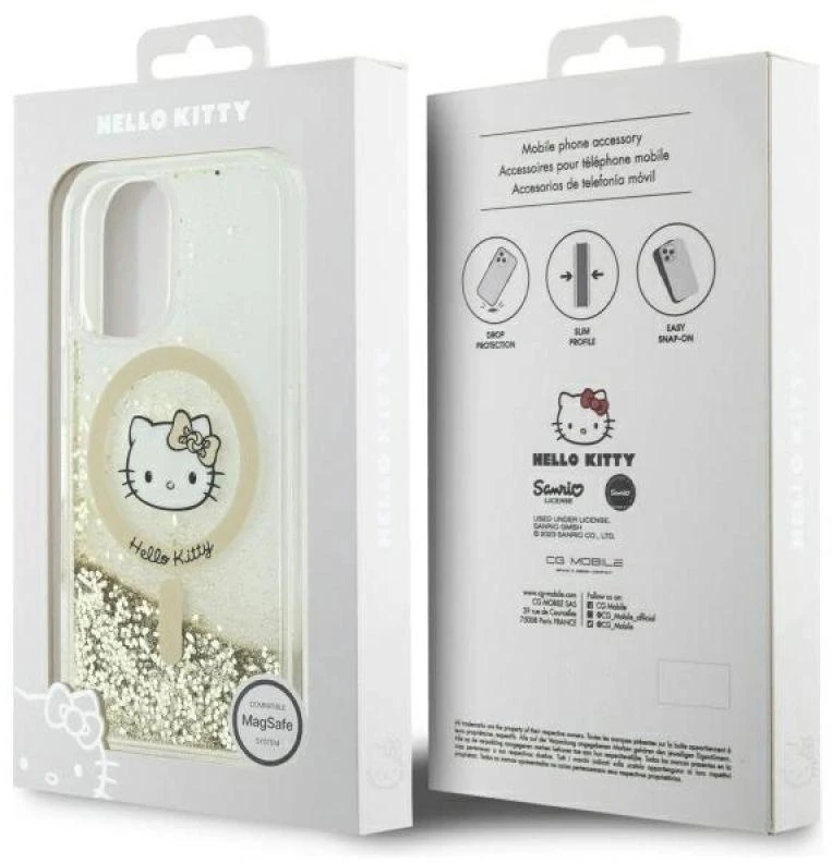 Hello Kitty HKHMP16SLGDIH Apple iPhone 16 6.1″ baltos spalvos auksinis kietas dėklas Liquid Glitter Fever MagSaf