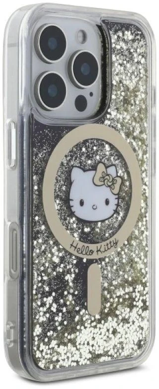 Hello Kitty HKHMP16XLGDIK Apple iPhone 16 Pro Max 6.9″ juodos spalvos auksinis kietas dėklas Liquid Glitter Fe