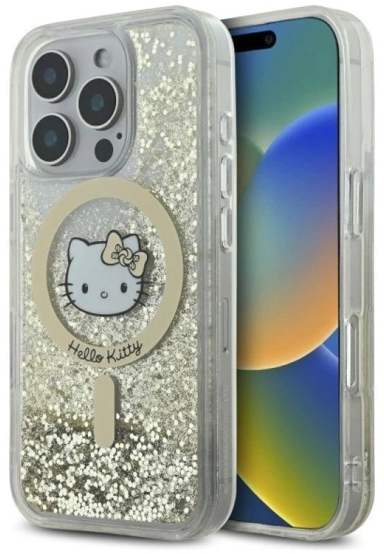 Hello Kitty HKHMP16XLGDIH Apple iPhone 16 Pro Max 6.9″ baltos spalvos auksinis kietas dėklas Liquid Glitter Fev