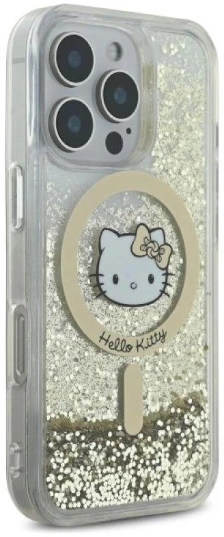 Hello Kitty HKHMP16XLGDIH Apple iPhone 16 Pro Max 6.9″ baltos spalvos auksinis kietas dėklas Liquid Glitter Fev