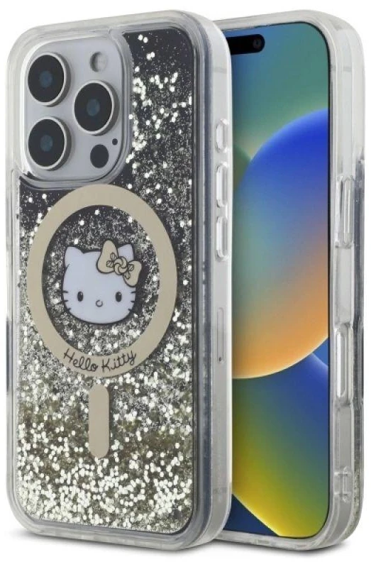 Hello Kitty HKHMP16XLGDIK Apple iPhone 16 Pro Max 6.9″ juodos spalvos auksinis kietas dėklas Liquid Glitter Fe