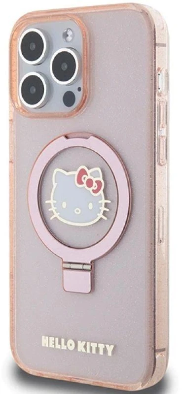 Apple iPhone 15 Pro Max Hello Kitty dėklas Ring Stand Glitter Electrop Logo MagSafe (HKHMP15XHRSGEP) rožinės spalvos