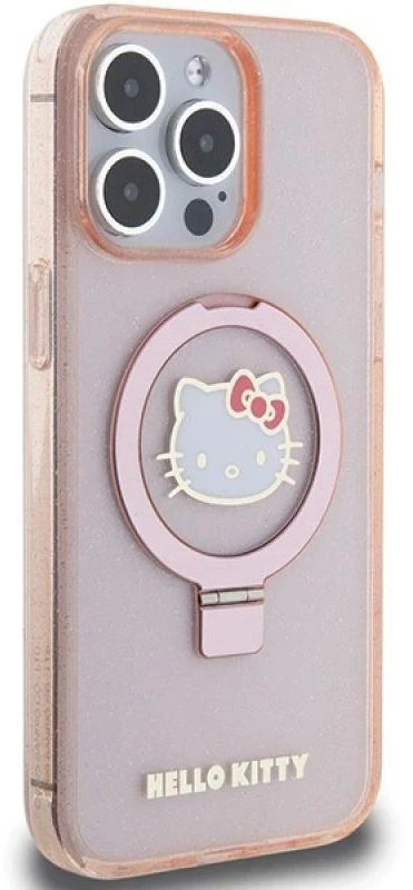 Apple iPhone 15 Pro Max Hello Kitty dėklas Ring Stand Glitter Electrop Logo MagSafe (HKHMP15XHRSGEP) rožinės spalvos