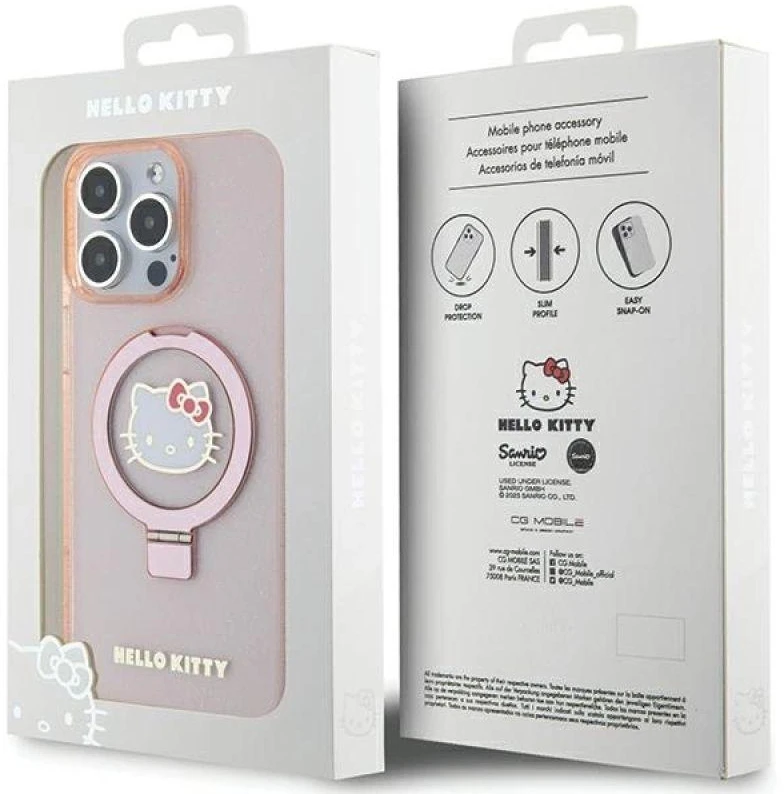 Apple iPhone 15 Pro Max Hello Kitty dėklas Ring Stand Glitter Electrop Logo MagSafe (HKHMP15XHRSGEP) rožinės spalvos