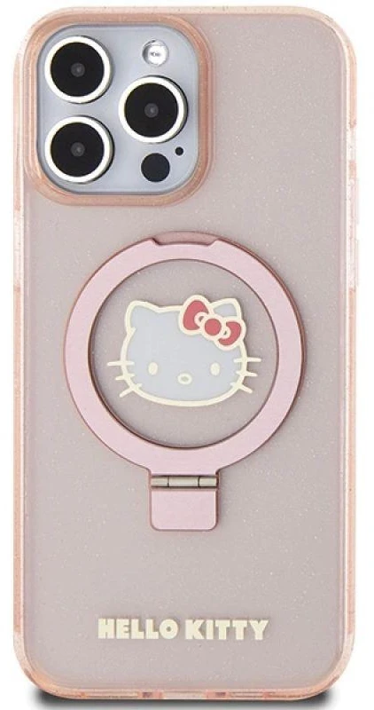 Apple iPhone 15 Pro Max Hello Kitty dėklas Ring Stand Glitter Electrop Logo MagSafe (HKHMP15XHRSGEP) rožinės spalvos