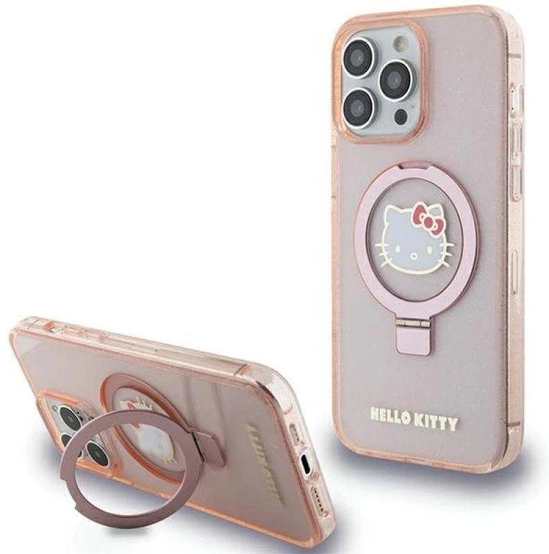 Apple iPhone 15 Pro Max Hello Kitty dėklas Ring Stand Glitter Electrop Logo MagSafe (HKHMP15XHRSGEP) rožinės spalvos
