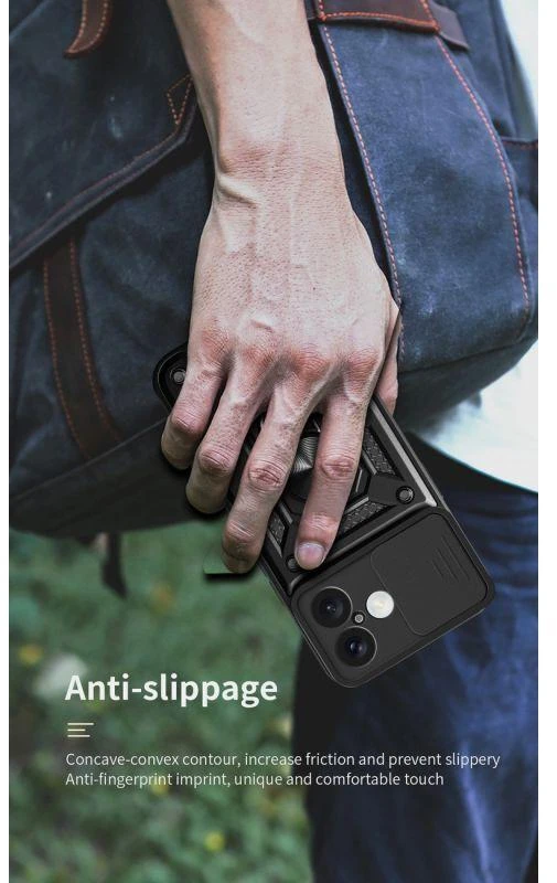 Hurtel Hybrid Armor Camshield Apple iPhone 17 dėklas su stoveliu and Camera Cover – juodos spalvos