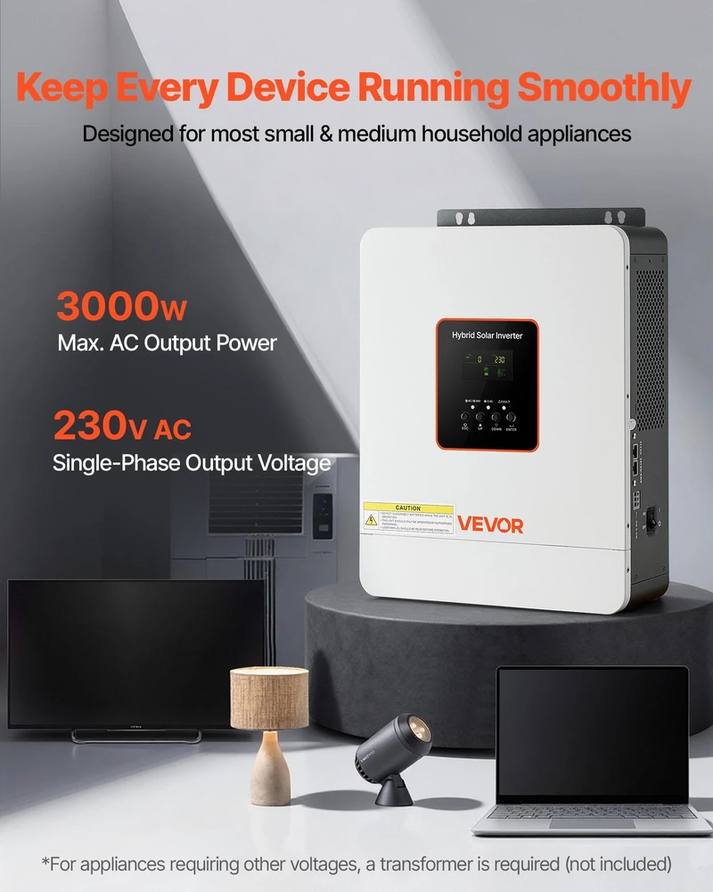 VEVOR 3000W hibridinis saulės inverteris, 24V DC į 230V AC