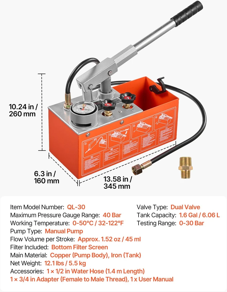 Hidraulinis slėgio bandymo siurblys VEVOR QL-30, 0-30 bar