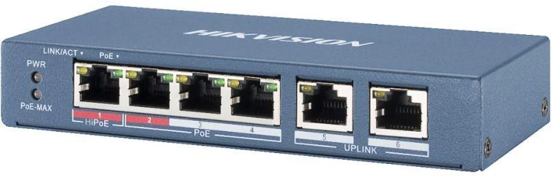 Ausinės Hikvision DS-3E0106HP-E tinklo komutatorius, nevaldomas, „Fast Ethernet“ (10/100), su PoE palaikymu, mėlynos spalvos