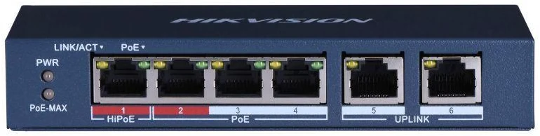 Ausinės Hikvision DS-3E0106HP-E tinklo komutatorius, nevaldomas, „Fast Ethernet“ (10/100), su PoE palaikymu, mėlynos spalvos