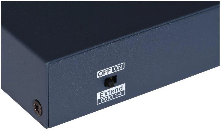 Ausinės Hikvision DS-3E0106HP-E tinklo komutatorius, nevaldomas, „Fast Ethernet“ (10/100), su PoE palaikymu, mėlynos spalvos