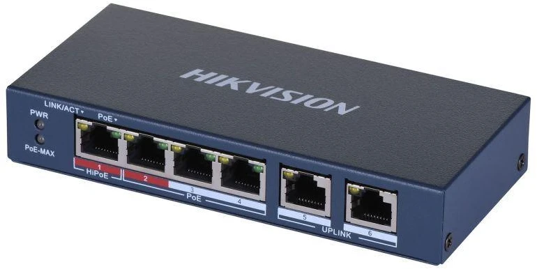 Ausinės Hikvision DS-3E0106HP-E tinklo komutatorius, nevaldomas, „Fast Ethernet“ (10/100), su PoE palaikymu, mėlynos spalvos