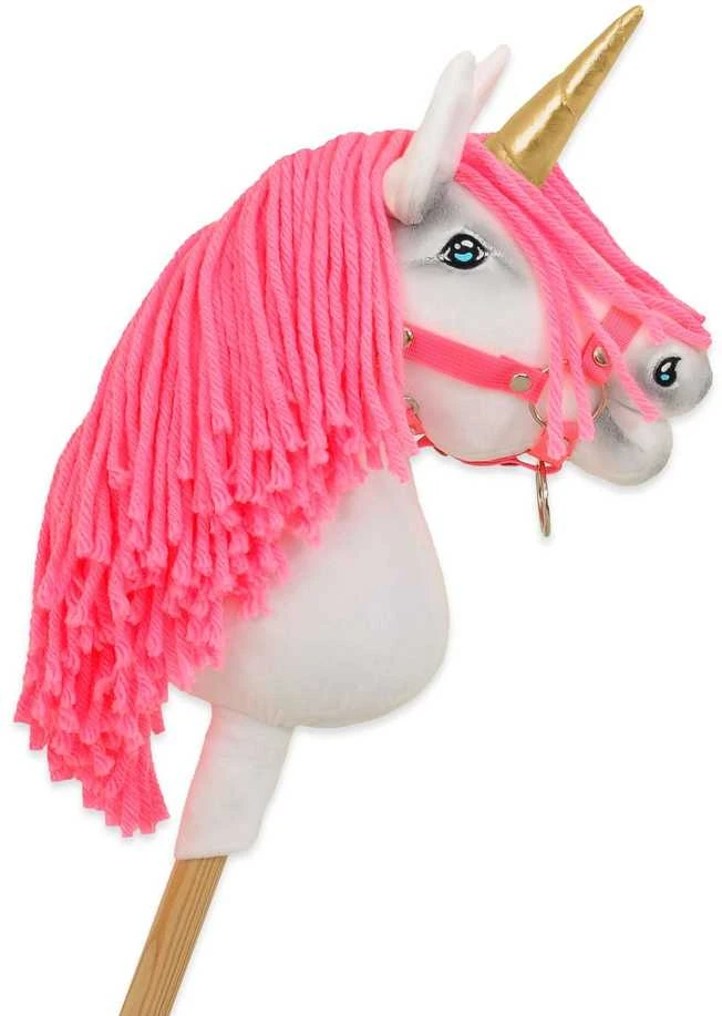 Hobby Horse vienaragis ant lazdos su rožine karčiene ir auksiniu ragu