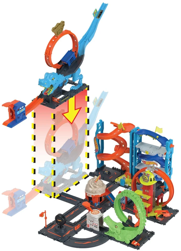 Hot Wheels City trasa „Dinozauras su kilpa“
