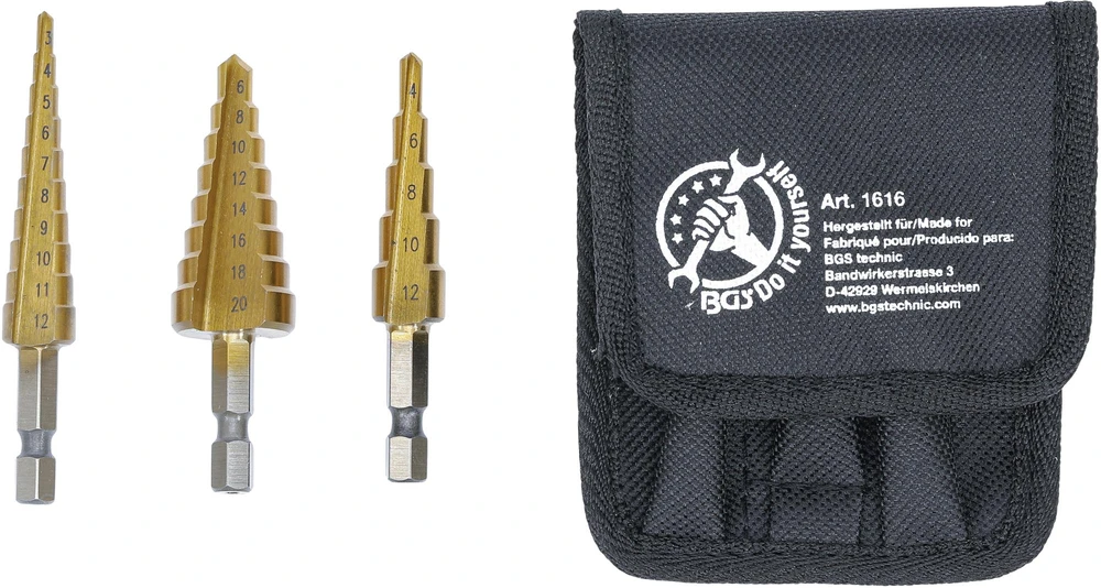 Grąžtas Bgs Technic HSS pakopinių grąžtų rinkinys | 3–20 mm | 3 vnt. (1616)